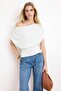 Ecru Fitted/Asymmetrical Neckline Short Sleeve Soft Knitted Blouse Twoss26Bz00462
