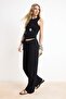 Siyah Wide Leg/Geniş Paça Lastikli Yazlıık Uzun Dokulu Örme Pantolon TWOSS26PL00121 - 3