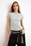 Gri Melanj Kayık Yaka Fitted/Vücuda Oturan Pamuklu Esnek Örme Bluz TWOSS25BZ00285 - 5