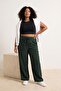 Haki Yüksek Lastikli Bel Tencel İnce Yazlık Geniş Paça/Wide Leg Büyük Beden Jeans TBBSS25AR00038 - 3