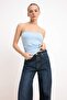 Blue Fitted/Bodycon Strapless Sleeveless Gathered Soft Knitted Blouse Twoss26Bz00644