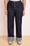 Koyu Mavi Yüksek Bel Duble Paça Comfort/Esnek İnce Kumaş Straight Fit Jeans TBBSS26CJ00009 - 3