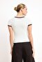 Ecru Fitted/Body-Fitting Short Sleeve Cotton Ribbed Knitted T-Shirt Twoss26Ts00126 - 4