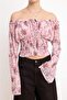Çok Renkli Şal Desen Boho Chic Vücuda Oturan Havuz Yaka Gipeli Crop Tül Örme Bluz TWOSS26BZ00146 - 3