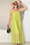 Women's Green Silk Voile Fabric Shiny Textured Rope Strap Adjustable Lined Relaxed Fit Dress