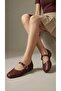 Women's Burgundy Buckled Woven Patterned Mary Janes Ballet Flats 1 cm BYNDBTG01 - 3