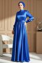Cobalt Blue Satin Evening Dress - Belted, Model 1136 - 4
