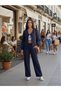 Women's Sofi̇a Linen Suit ◆ Tie-Up Crop-Wide-Leg Pants ◆ Dark Blue Daily Double Set