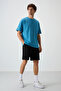 Petrol Blue Cotton Thick Surface Textured Oversize Fit Printed Men's T-Shirt - 88369 - 2