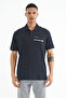Navy Blue Text Printed Standard Form Polo Neck Men's T-shirt - 88236