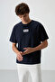 Navy Blue Cotton Thick Surface Textured Oversize Fit Printed Men's T-Shirt - 88367 - 4