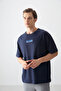 Navy Blue 100% Cotton Thick Soft Textured Oversize Fit Printed Men's T-Shirt - 88359 - 4