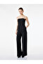 Crepe Fabric Pockets, Ribbed Detail, Wide Leg Strapless Jumpsuit