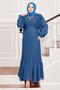 Organza Sleeves Hijab Evening Dress Indigo - 5