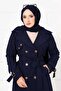 Comfortable Fit Double-Breasted Button Detailed Trench Coat with Adjustable Sleeves Navy Blue - 2