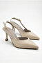 Women's Beige Leather-Look Asymmetrical Strap Pointed Toe Thin Heeled Shoes - 2