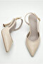 Women's Beige Leather-Look Asymmetrical Strap Pointed Toe Thin Heeled Shoes - 3
