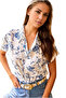 Women's Blue Floral Patterned White Summer Bat Short Sleeve Shirt - 4