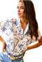 Women's Blue Floral Patterned White Summer Bat Short Sleeve Shirt - 3