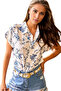 Women's Blue Floral Patterned White Summer Bat Short Sleeve Shirt - 8