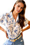 Women's Blue Floral Patterned White Summer Bat Short Sleeve Shirt - 2