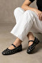 Women's Black Disco Leather Ballerinas with Stone Buckle 1cm Byndsk400 - 6