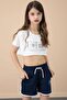Navy Blue Side Slit Flower Printed Girl's Shorts with Elastic Waist 20735 - 2