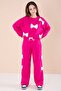 Fuchsia Bow and Pearl Detailed Girls' Crew Neck 2-Piece Tracksuit Set 21204 - 5