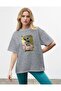 Women's Oversize Blue Leaf Printed Gray T-Shirt