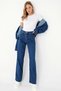Tifany 90's Dark Blue Lycra Super High Waist Denim Loose Leg Jeans Palazzo Trousers