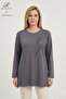 Women's Middle Age and Above Leaf Patterned Stoned Slit Embroidered Lycra Gray Mother Combed Cotton Blouse