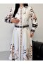 Atlas Fabric Floral Patterned Shirt Collar Button Detailed White Dress (Belt Included)-2634 - 6