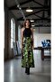 Women's Long Green Black Leaf Patterned Colorful Satin Skirt - 3
