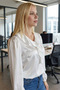 Women's White Ruffled Collar Ruched Shoulders Elastic-Cuffed Sleeve Cotton Satin Blouse Arm-22k001059 - 2