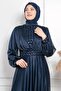 Glittery Tulle Comfortable Fit Sequin Embroidered Plus Size Hijab Evening Dress Navy Blue Tbs872 - 2