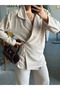Double-Breasted Collar Waist Tie Linen Suit - Beige - 2