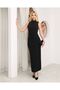 Women's Black Sandy Fabric Slit Draped Maxi Length Long Dress - 7