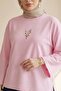 Floral Embroidery Round Neck Casual Combed Cotton Blouse - Pink - 4