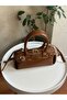 Faux Leather Tan Women's Hand and Shoulder Bag with Belt Detail - 3