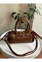 Faux Leather Tan Women's Hand and Shoulder Bag with Belt Detail - 4