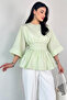 Blz-06285 Mint Green Round Neck Double Sleeve Side Zipper Pleated Blouse - 7