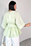 Blz-06285 Mint Green Round Neck Double Sleeve Side Zipper Pleated Blouse - 3