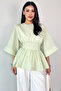 Blz-06285 Mint Green Round Neck Double Sleeve Side Zipper Pleated Blouse - 2