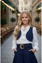 Girl's Gabardine Vest String Shirt Pleated Skirt and Gold Buckle Belt 4-Piece Set - 6
