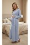 New Season Blue Melange Shawl Collar Short Sleeve Buttoned Stylish Full Length Maternity Pajama Nightgown Set - 3