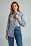 Women's Blue Striped Floral Poplin Buttoned Long Sleeve Shirt 10189.
