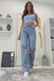 Christian Stretch Fabric Women’s Light Blue Ripped Super High-Waist Loose-Leg Loose Denim Jeans Palazzo - 3