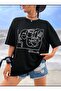 Smile Face T-Shirt - Black Printed Crew Neck Short Sleeve Loose - 3