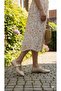 Belted Embroidered Single-Layered Flat-Toe Women's Ballerinas Beige