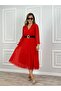 Women's chiffon fabric lined flared cut double breasted collar midi length dress - 2